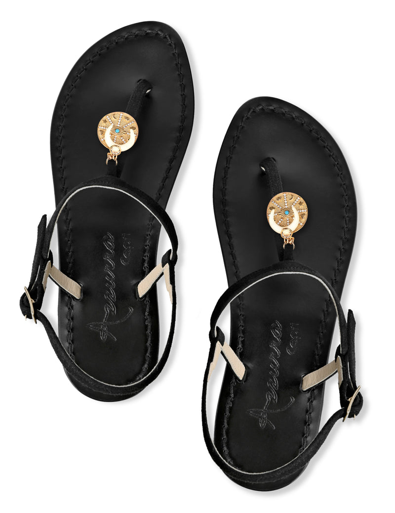 Black suede leather T-Strap Italian handmade sandals with coin good luck symbol charms dangling Swarovski crystal and pearl or resin horn shape.