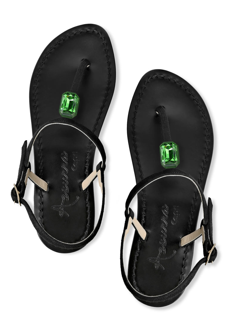 Large single gem emerald shaped green crystal made in Italy from soft black suede with smooth leather insoles. T-strap sandals handmade by Italian artisans.